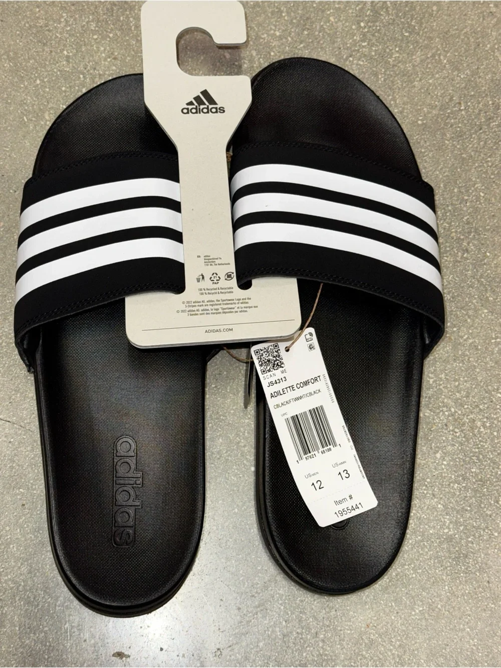 ADIDAS Adilette Comfort Unisex Black White Stripe Slides Mens 12 Womens 13 NIB
